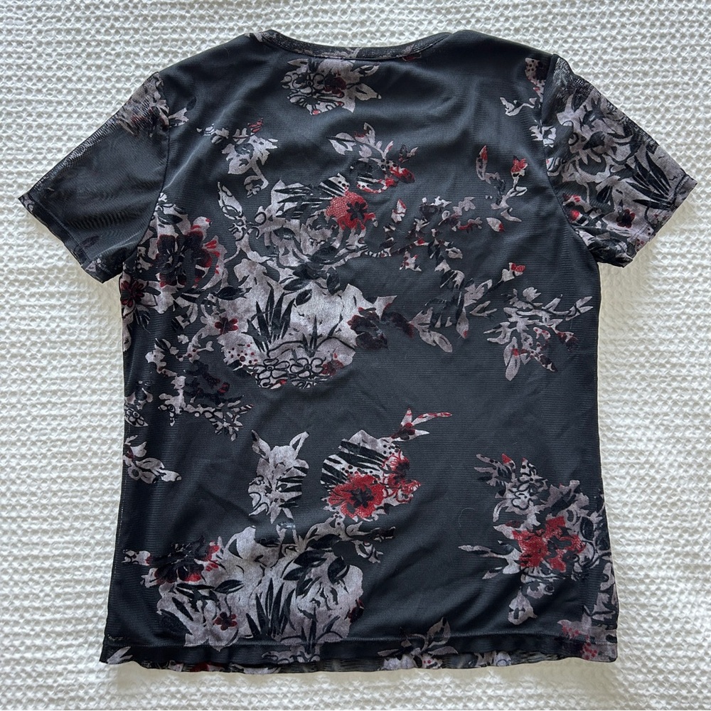 Requirements Vintage 90s/Y2K Velvet Burnout Black Floral Tee with Sheer Overlay - Picture 3 of 7
